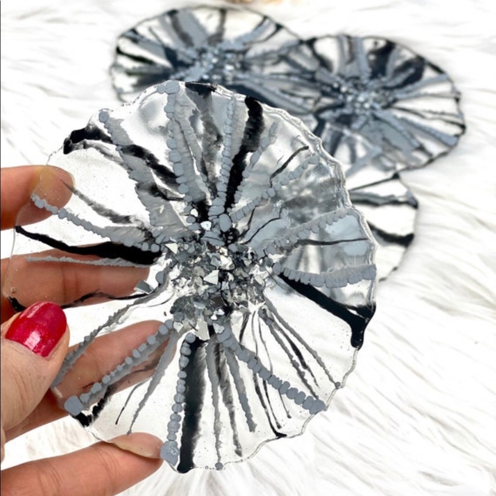 Resin Geode coasters gray black flower Hand Painted Gift Set agate coaster epoxy